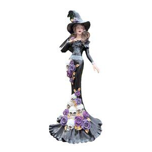 EERIE CHARM Large ELEGANT HALLOWEEN WITCH STATUE W/ROSE & SKULL DRESS New